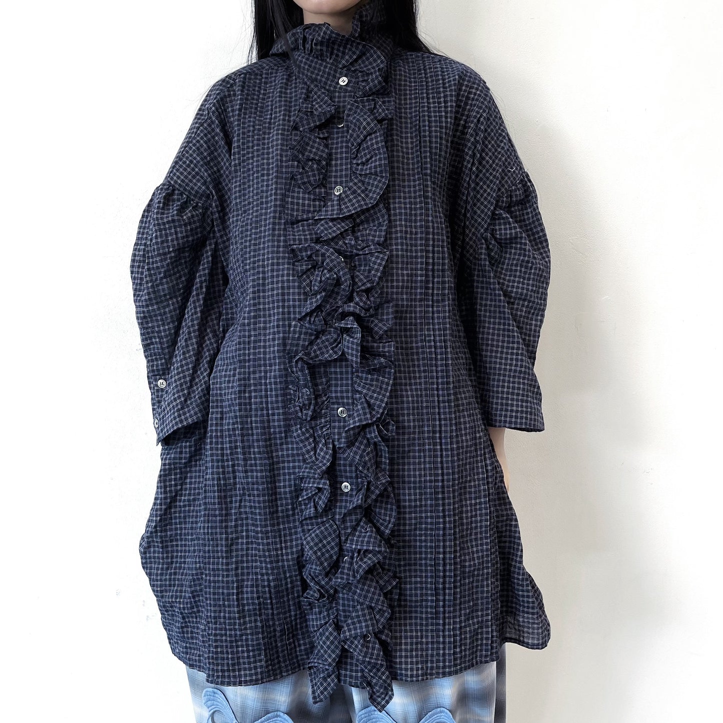 RUFFLE HALF SLEEVE SHIRT / NAVY / フリルシャツ