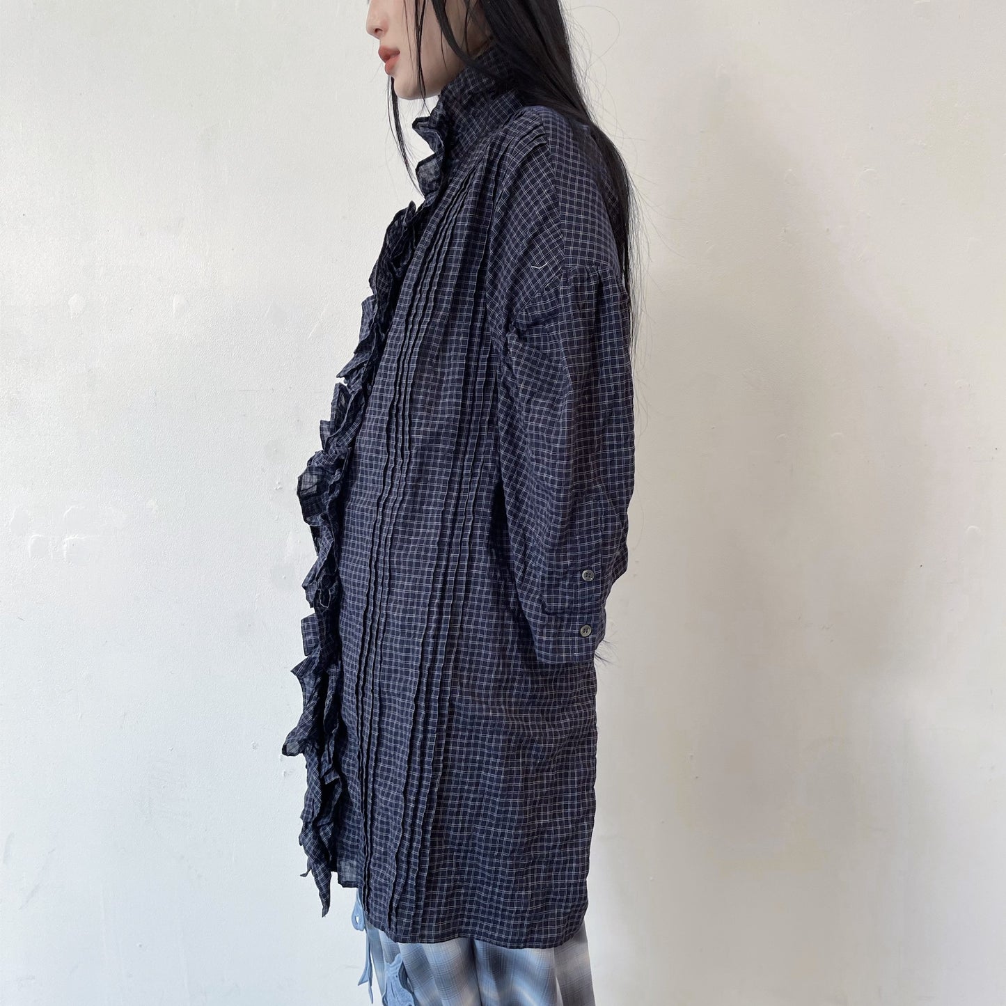 RUFFLE HALF SLEEVE SHIRT / NAVY / フリルシャツ