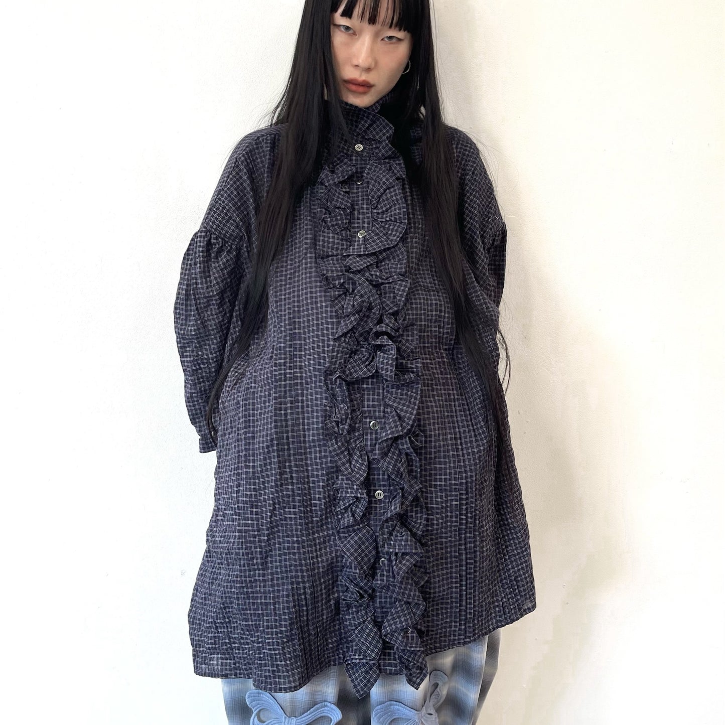 RUFFLE HALF SLEEVE SHIRT / NAVY / フリルシャツ