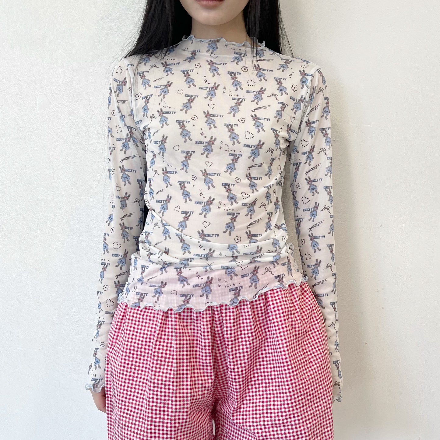 Little bunnies tulle tee / Blue / ハイネックチュールTシャツ