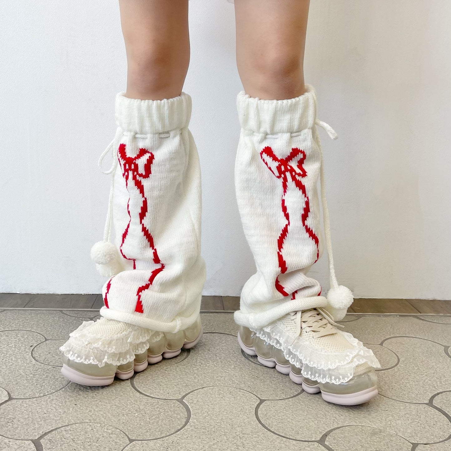 Double ribbons leg warmer / Red / リボンニットレッグウォーマー