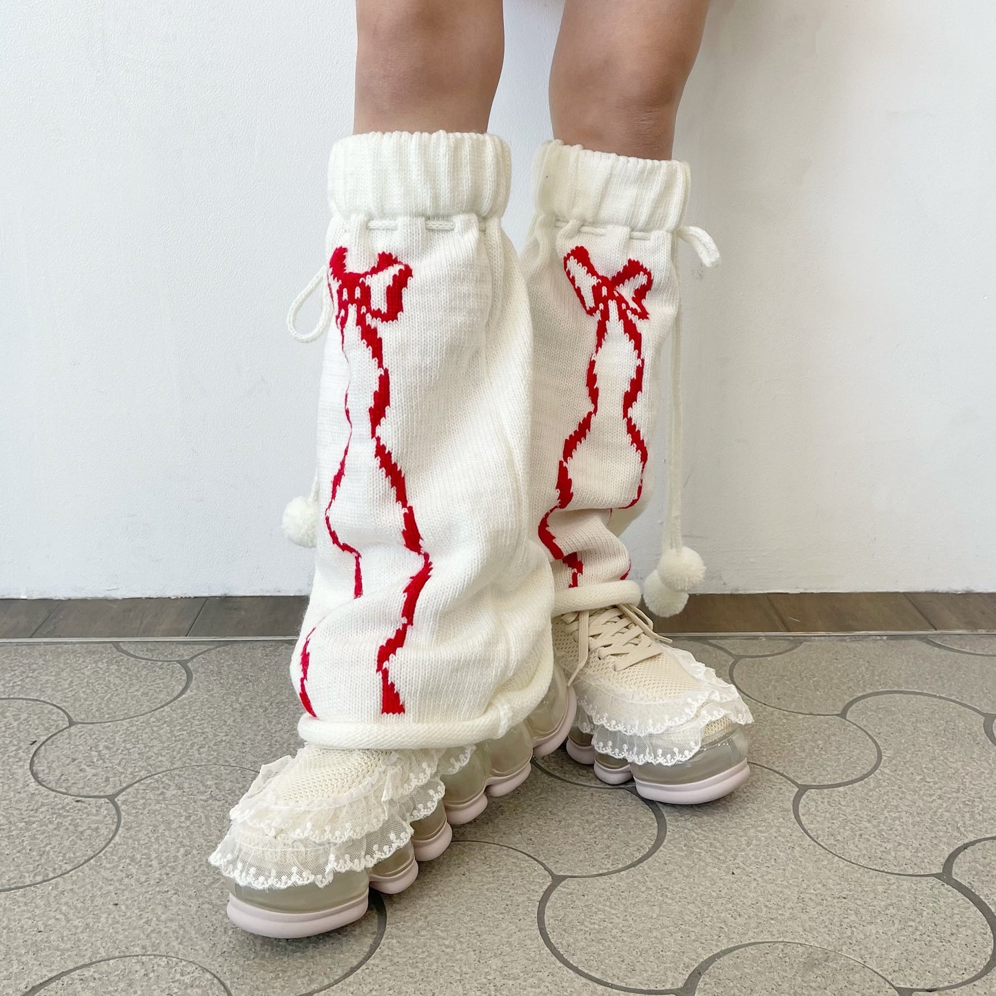 Double ribbons leg warmer / Red / リボンニットレッグウォーマー