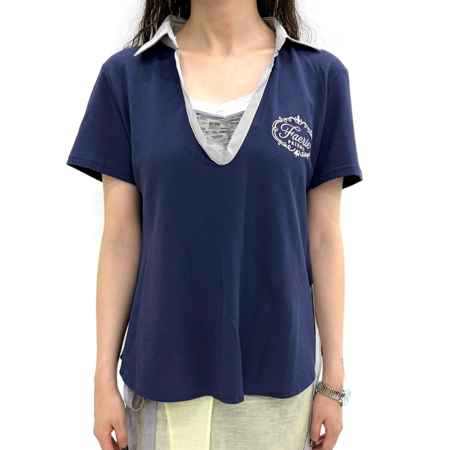 [fa.er.ie] ribbon tie half pk shirt / navy / リボンタイVネックトップ