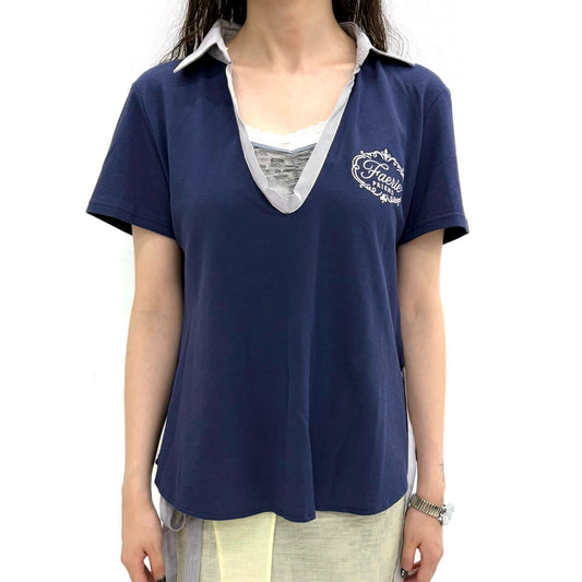 [fa.er.ie] ribbon tie half pk shirt / navy / リボンタイVネックトップ