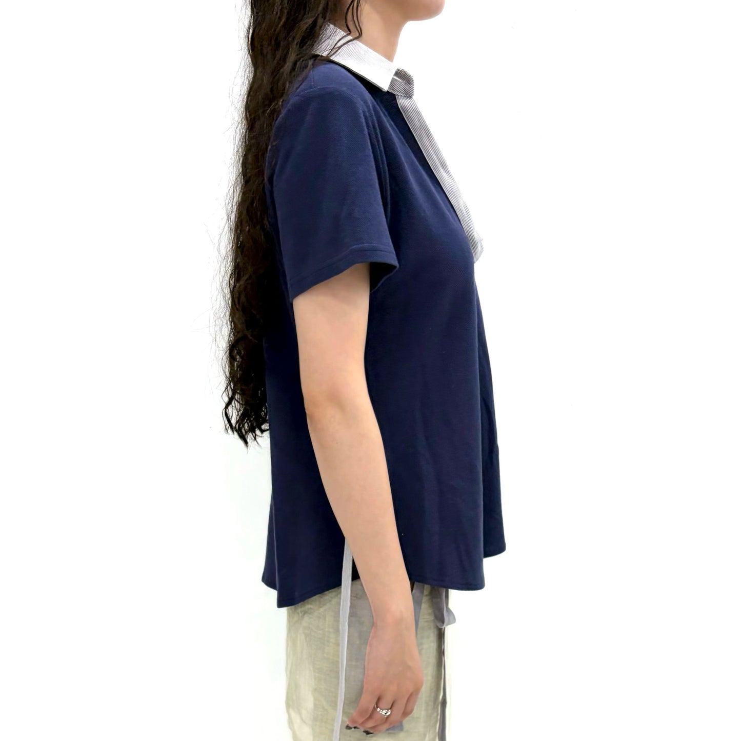 [fa.er.ie] ribbon tie half pk shirt / navy / リボンタイVネックトップ