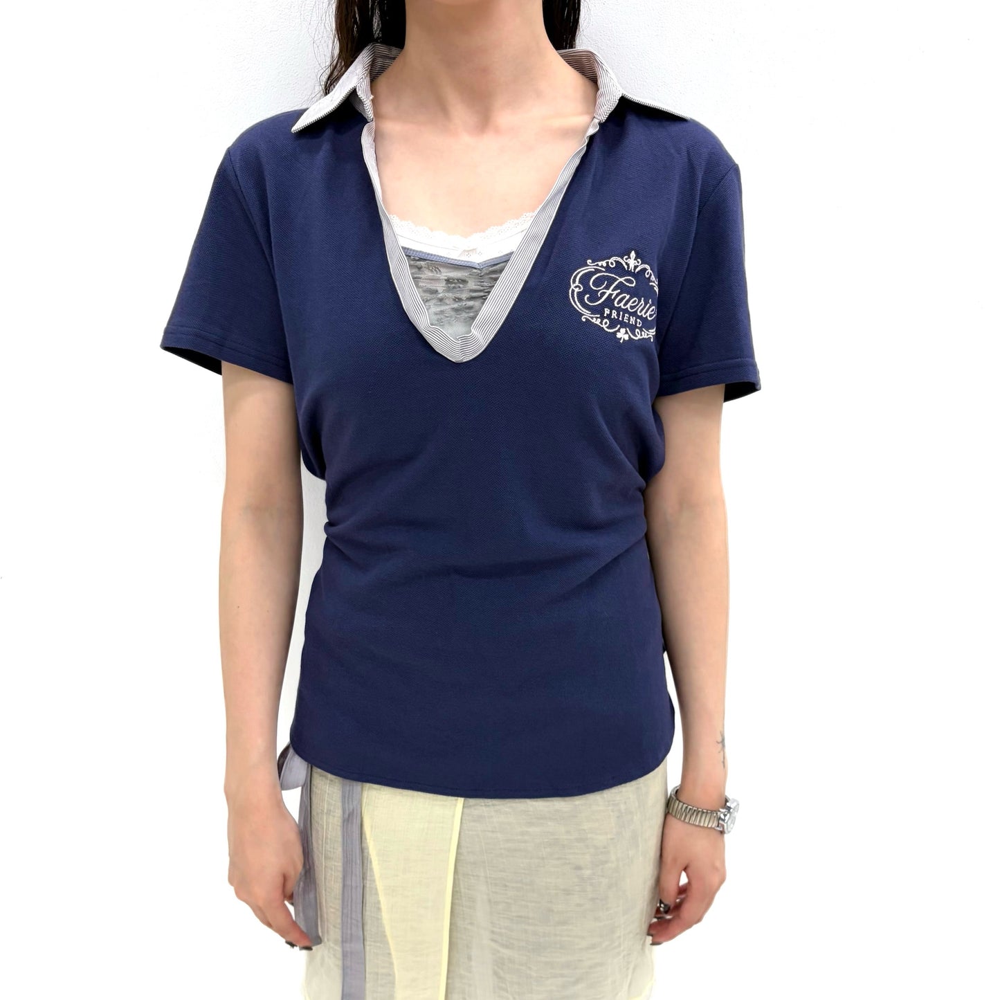[fa.er.ie] ribbon tie half pk shirt / navy / リボンタイVネックトップ