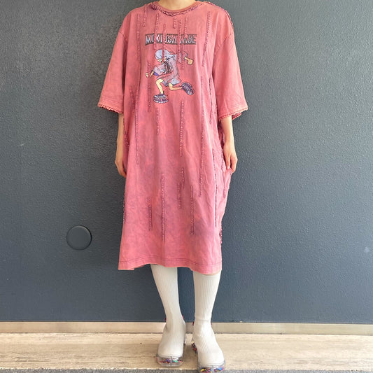 WASHED RUNNER LONG T-SHIRT / PINK / ウォッシュ加工フリルTシャツワンピース