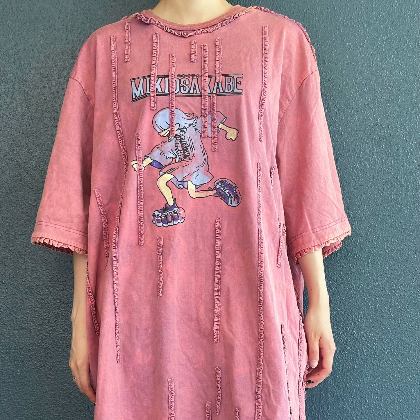 WASHED RUNNER LONG T-SHIRT / PINK / ウォッシュ加工フリルTシャツワンピース