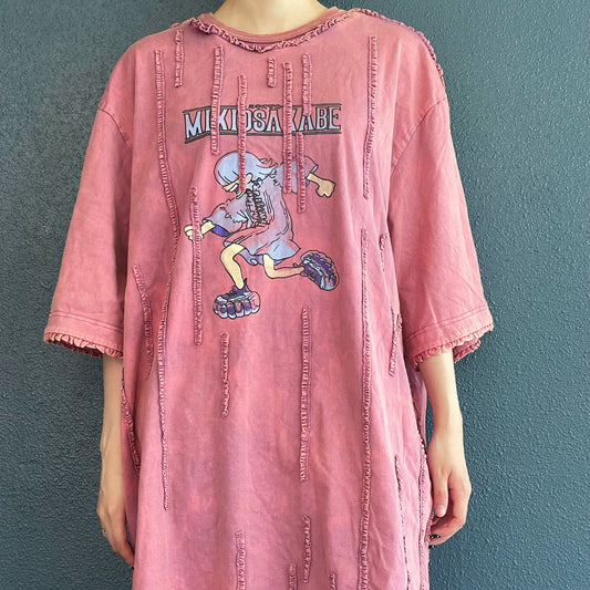 WASHED RUNNER LONG T-SHIRT / PINK / ウォッシュ加工フリルTシャツワンピース