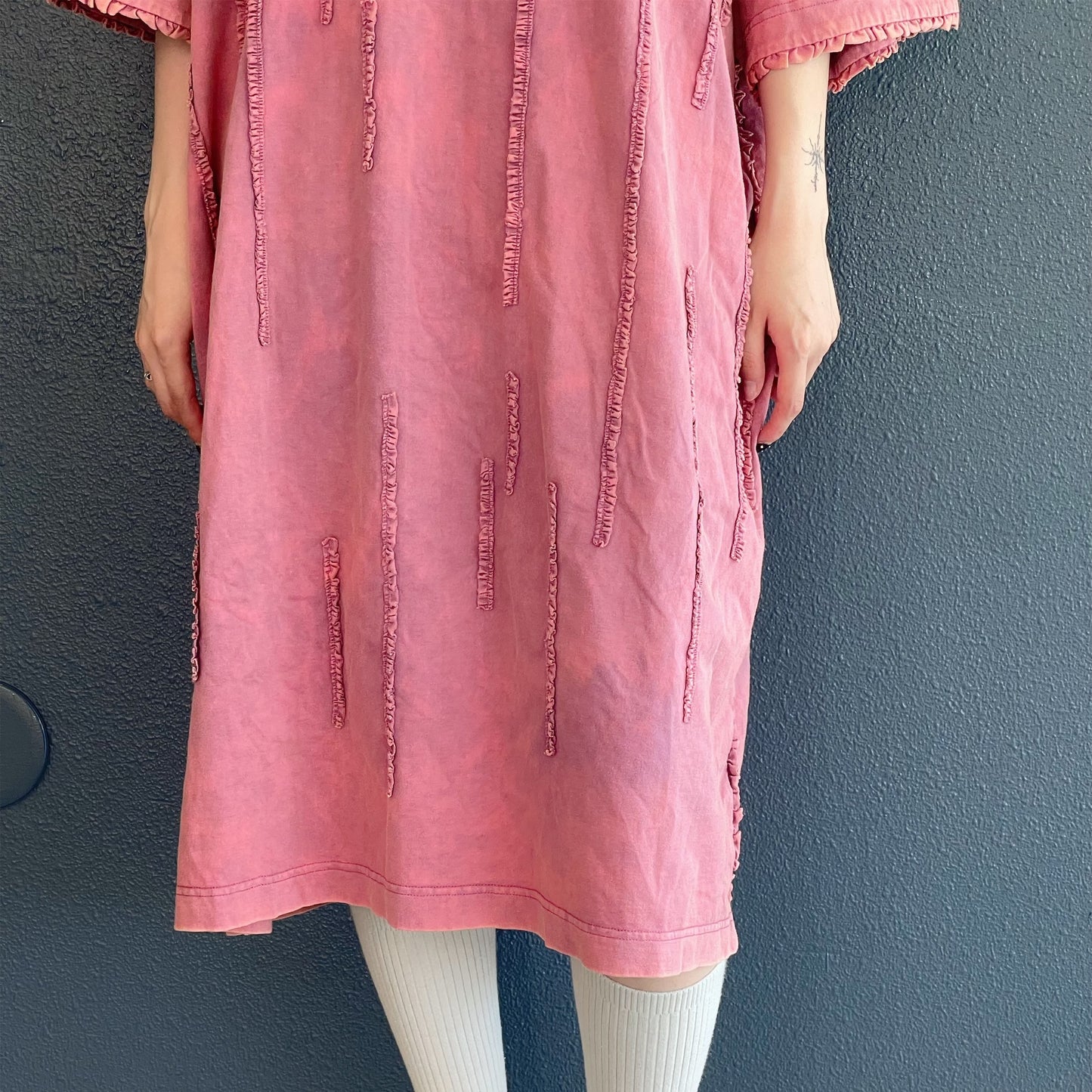 WASHED RUNNER LONG T-SHIRT / PINK / ウォッシュ加工フリルTシャツワンピース