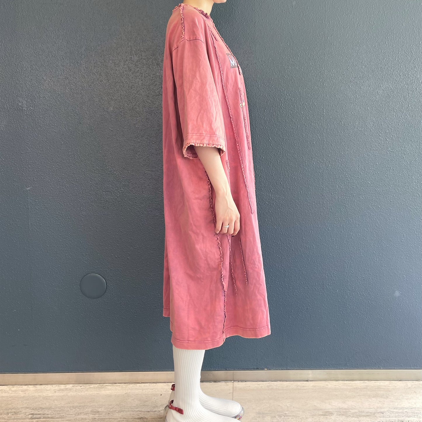 WASHED RUNNER LONG T-SHIRT / PINK / ウォッシュ加工フリルTシャツワンピース
