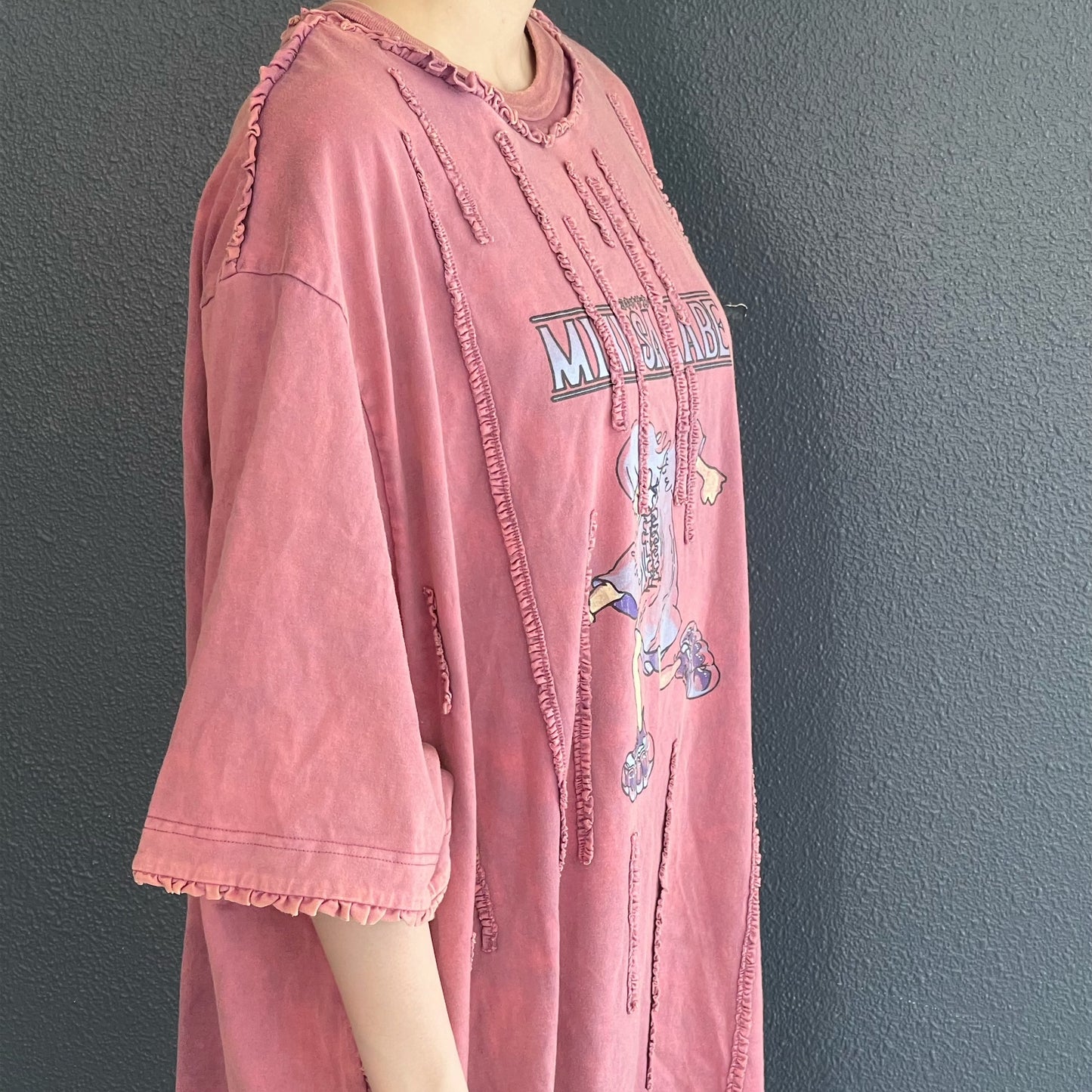 WASHED RUNNER LONG T-SHIRT / PINK / ウォッシュ加工フリルTシャツワンピース