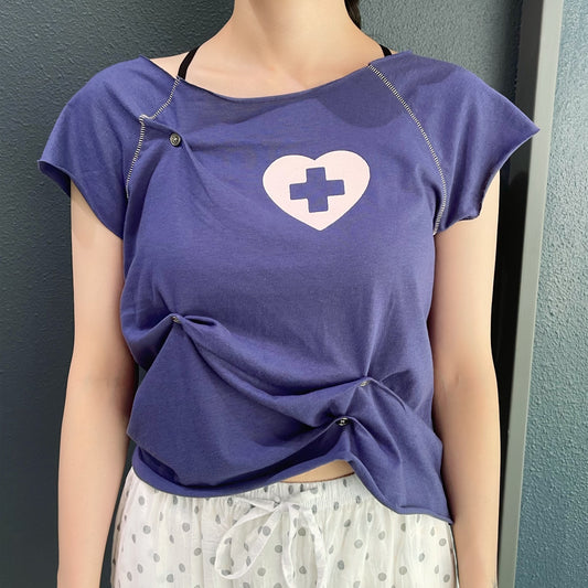 [F.E.E.S] button up zodiac half T-shirt / blue purple / ボタンアップTシャツ
