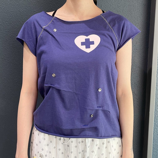 [F.E.E.S] button up zodiac half T-shirt / blue purple / ボタンアップTシャツ