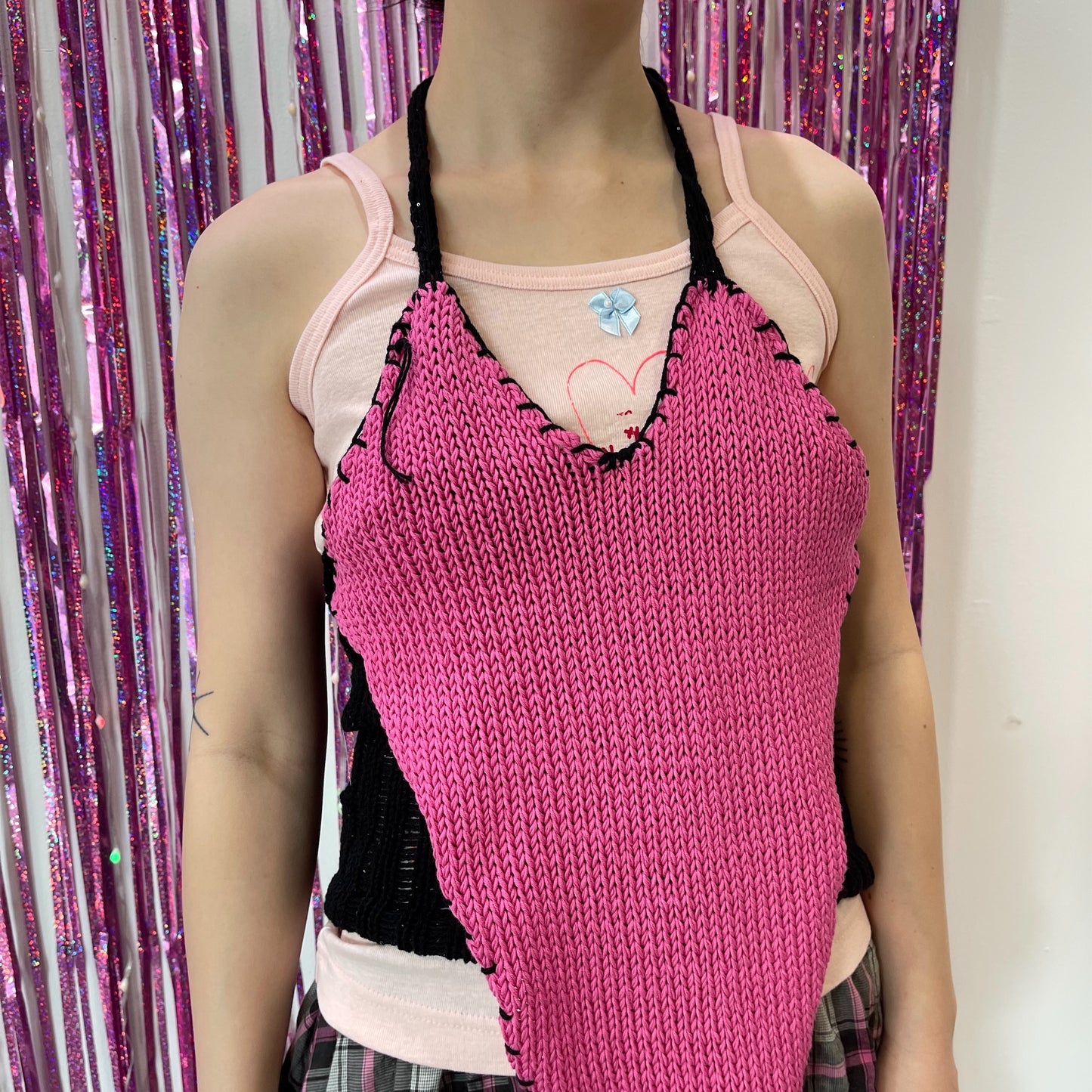 BIG Knit heart top / Pink × Black / ビッグニットハートトップ