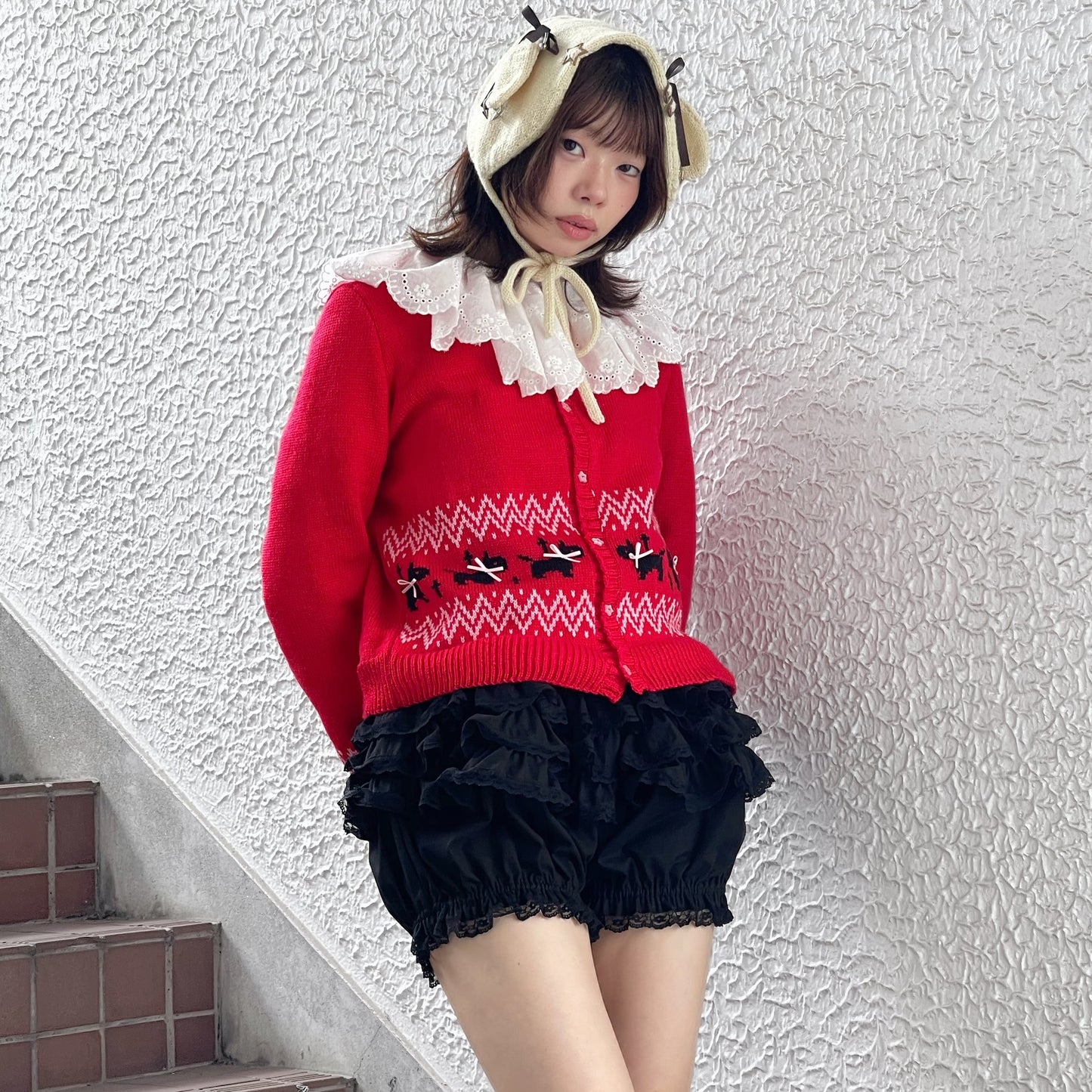 Puppies knitted cardigan / Red / パピーニットカーディガン