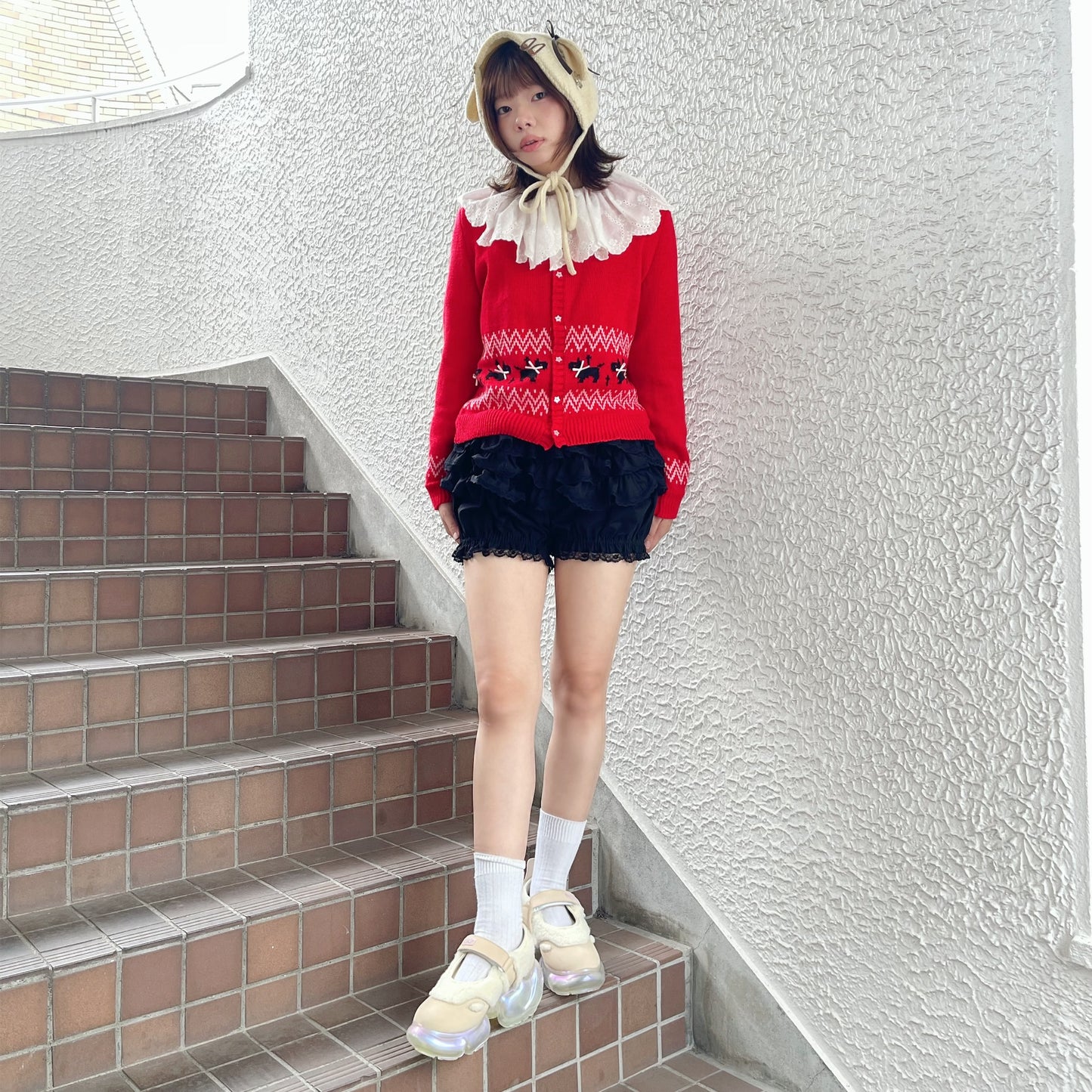 Puppies knitted cardigan / Red / パピーニットカーディガン