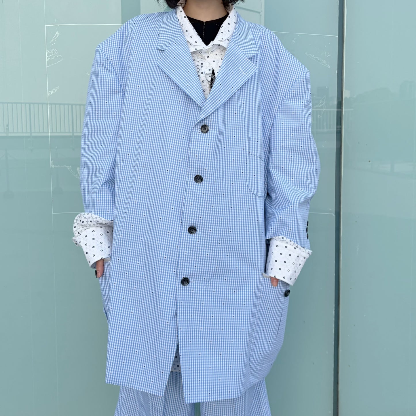 CUT JACQUARD GINGHAM TAILORED C / LIGHT BLUE / カットジャガードギンガムチェックジャケット