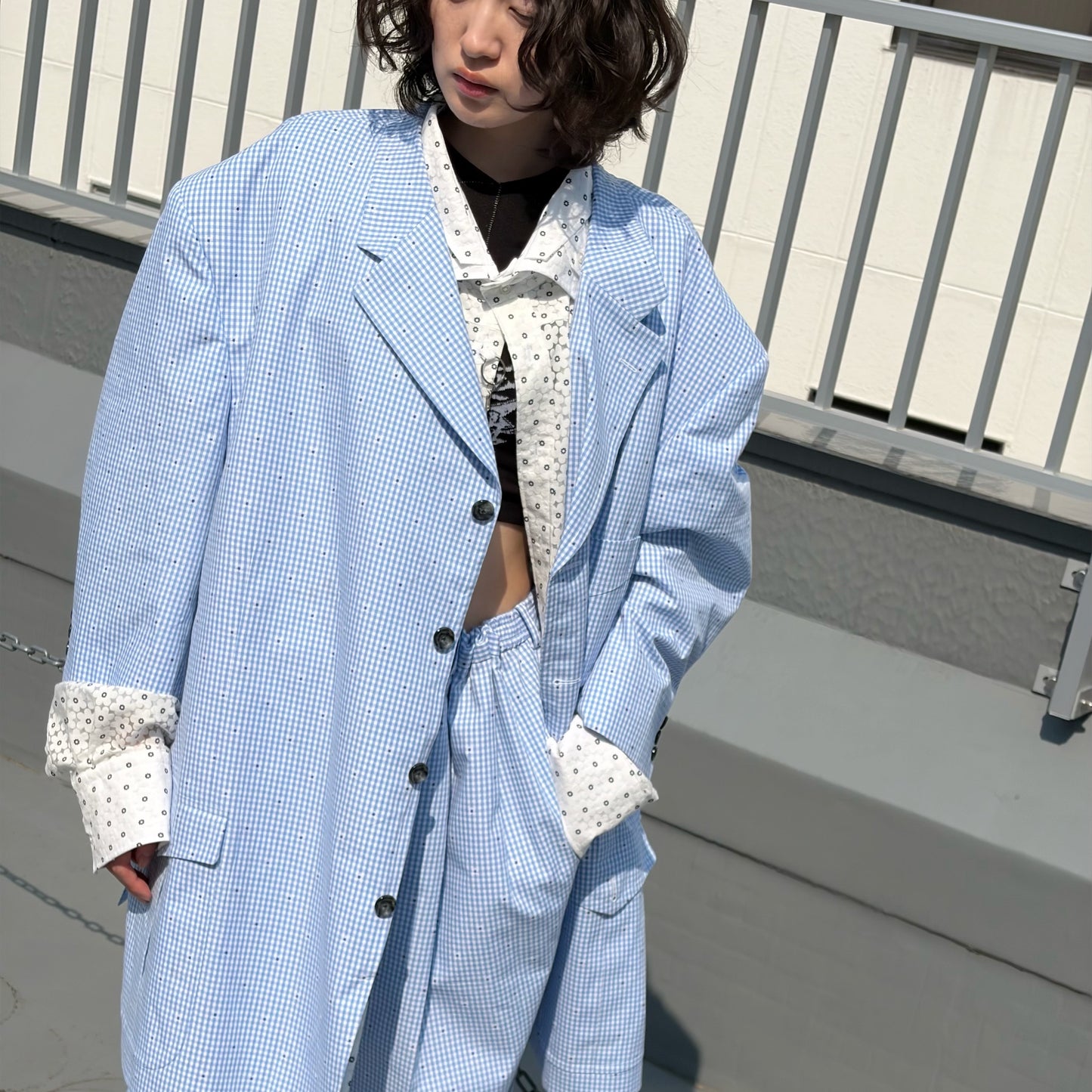 CUT JACQUARD GINGHAM TAILORED C / LIGHT BLUE / カットジャガードギンガムチェックジャケット
