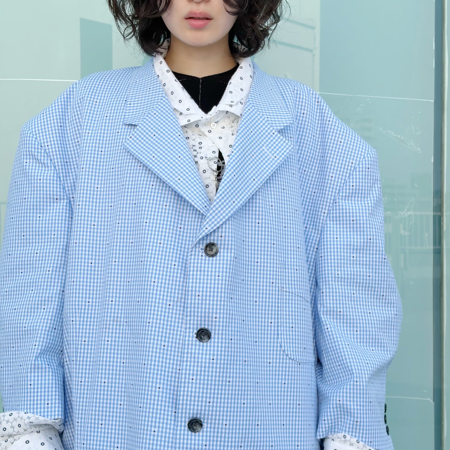 CUT JACQUARD GINGHAM TAILORED C / LIGHT BLUE / カットジャガードギンガムチェックジャケット