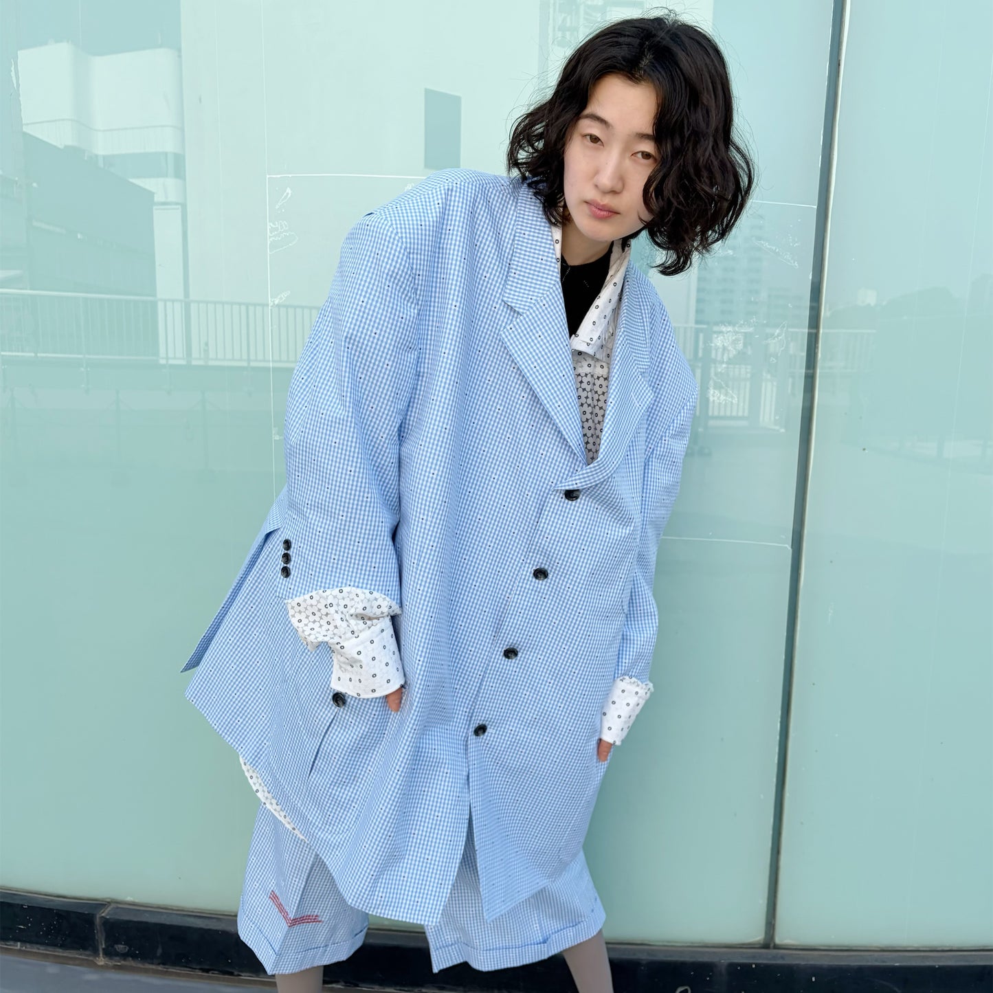 CUT JACQUARD GINGHAM TAILORED C / LIGHT BLUE / カットジャガードギンガムチェックジャケット