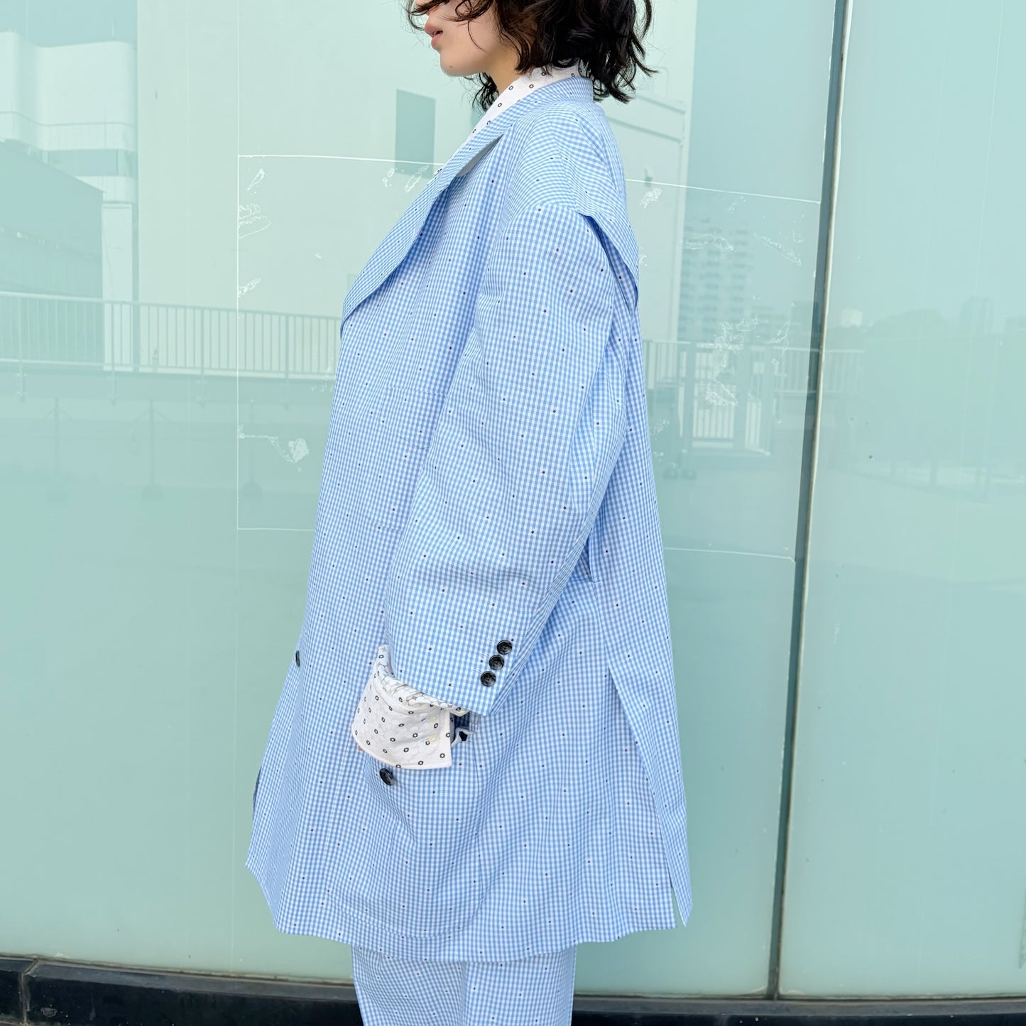 CUT JACQUARD GINGHAM TAILORED C / LIGHT BLUE / カットジャガードギンガムチェックジャケット