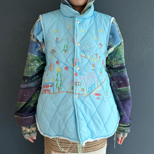 embroidery quilting vest / sky blue / 刺繍キルティングベスト