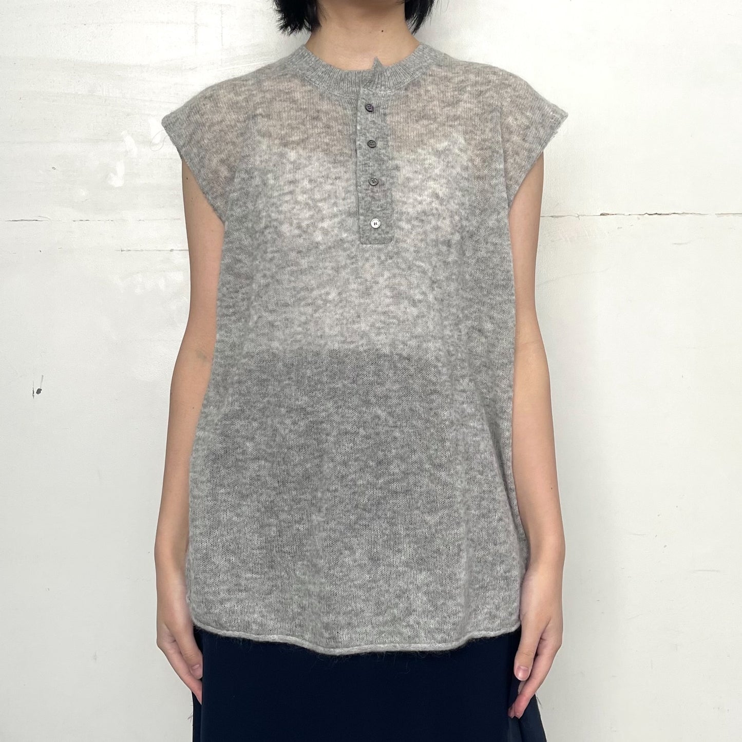 Little girl's tank top / navy with gray / レイヤーニットトップ