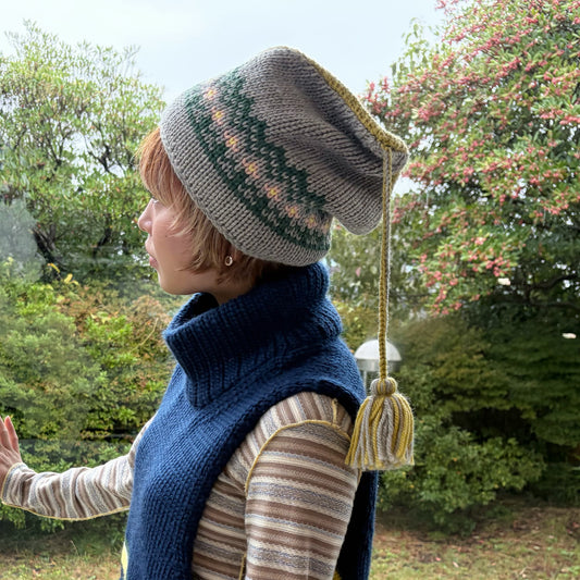 wool flower knit cap / gray x mustard / ウールニットキャップ