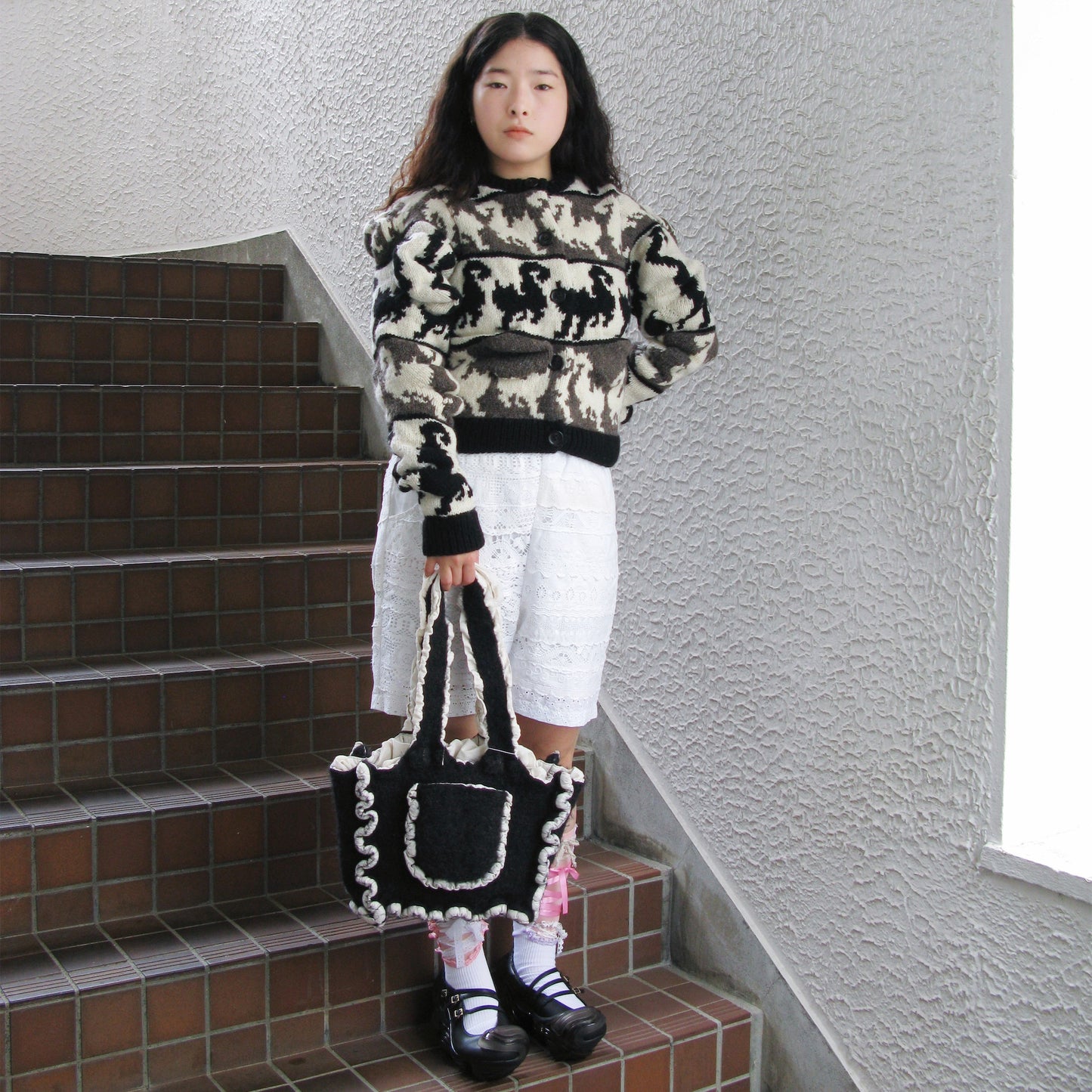 Unstable cats Cardigan / white / 変形猫柄カーディガン