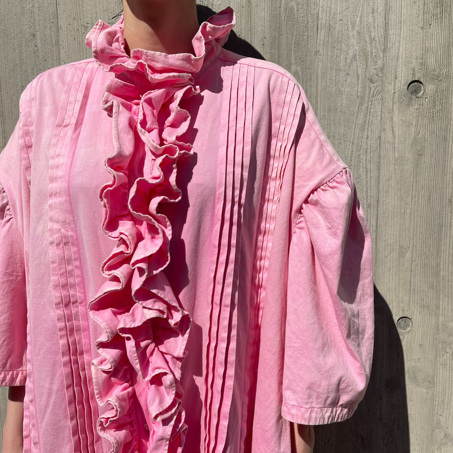 RUFFLE HALF SLEEVE LONG SHIRT / PINK / フリルワンピース