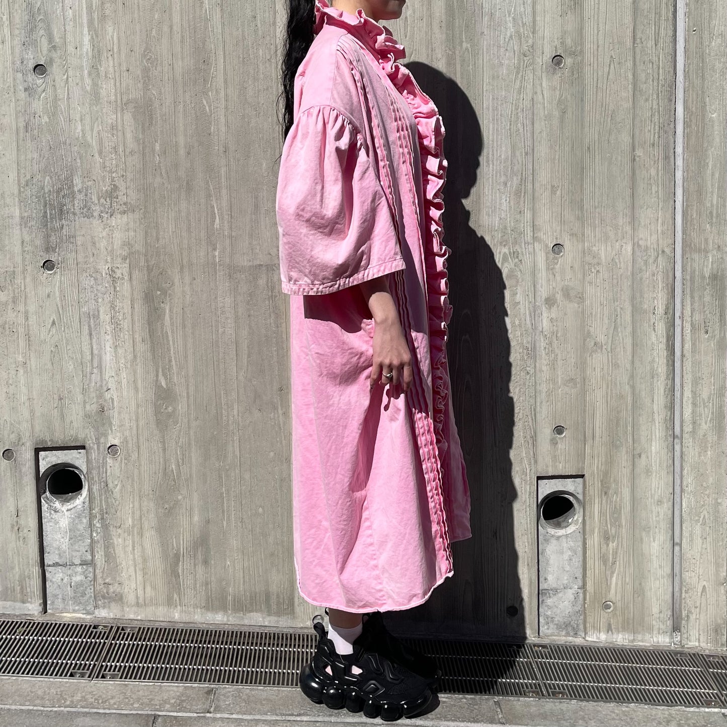 RUFFLE HALF SLEEVE LONG SHIRT / PINK / フリルワンピース