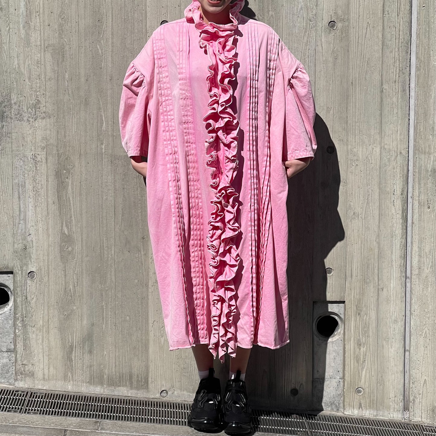 RUFFLE HALF SLEEVE LONG SHIRT / PINK / フリルワンピース