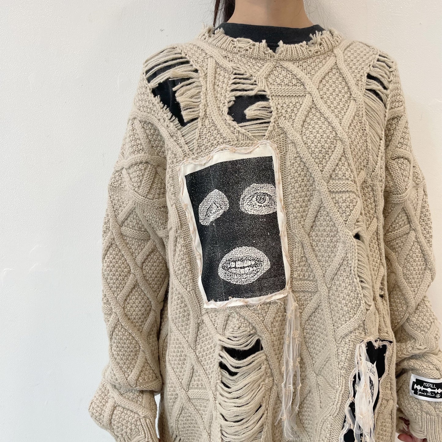 DESTROY PULLOVER KNIT COLLABORATION WITH rurumu: ARTWORK BY JAMIE REID /  SAND BEIGE / ダメージ加工ニット | シープ / SHEEP | KIDILL