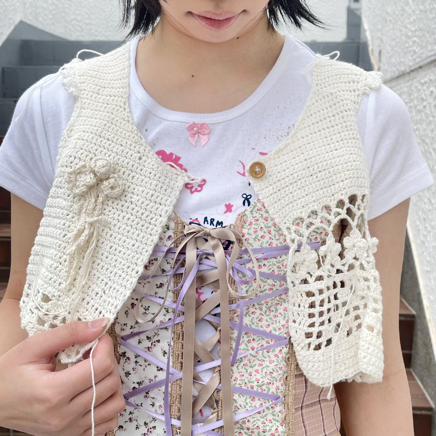 White crochet vest / ホワイトクロシェニットベスト