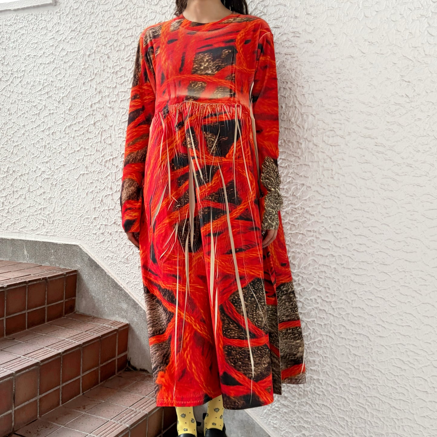 DIRECT PRINT RIB GATHER ONE-PIECE / YARN / ダイレクトプリントリブギャザーワンピース