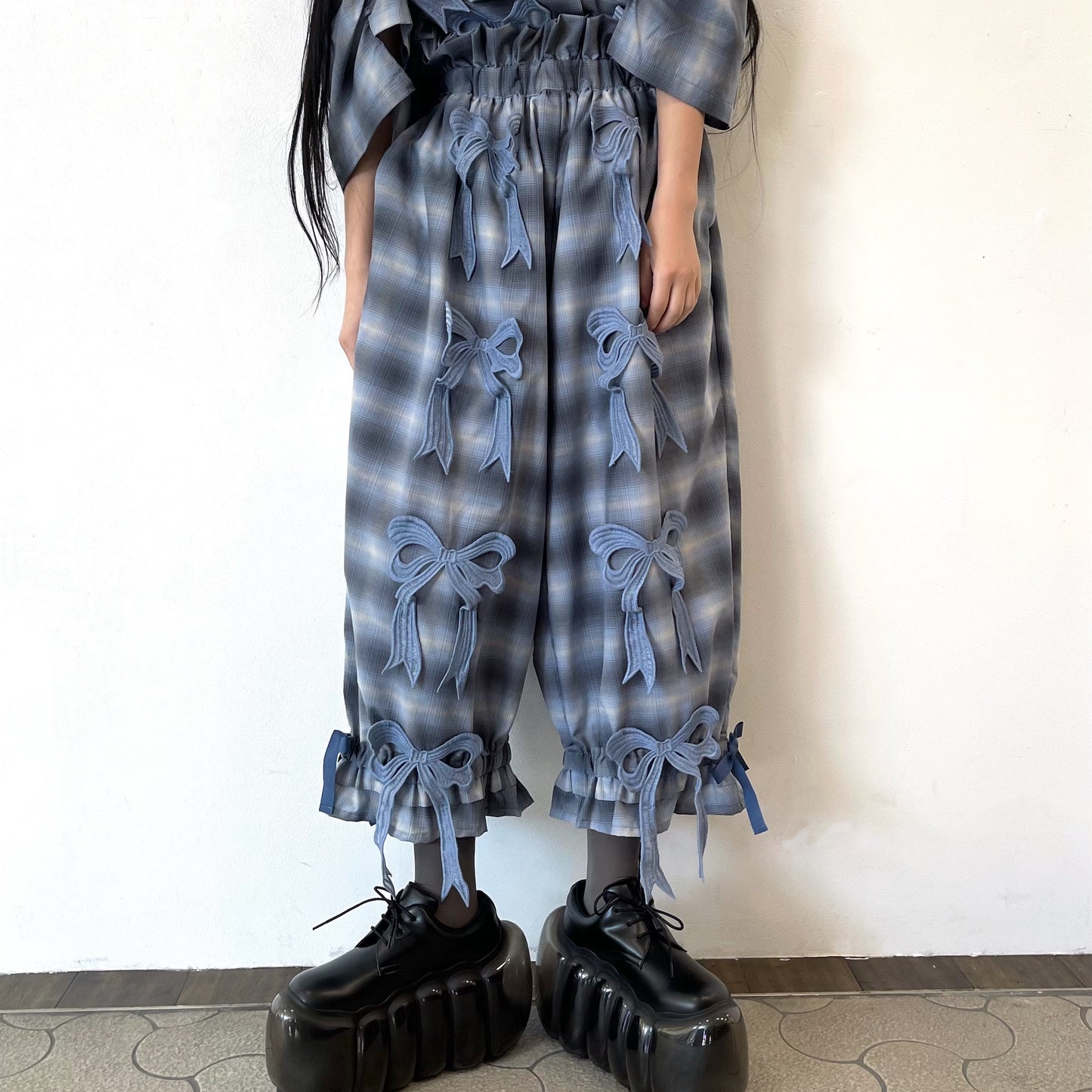 DRAWERS RIBBON CHECK PANTS / BLUE / リボンチェックパンツ