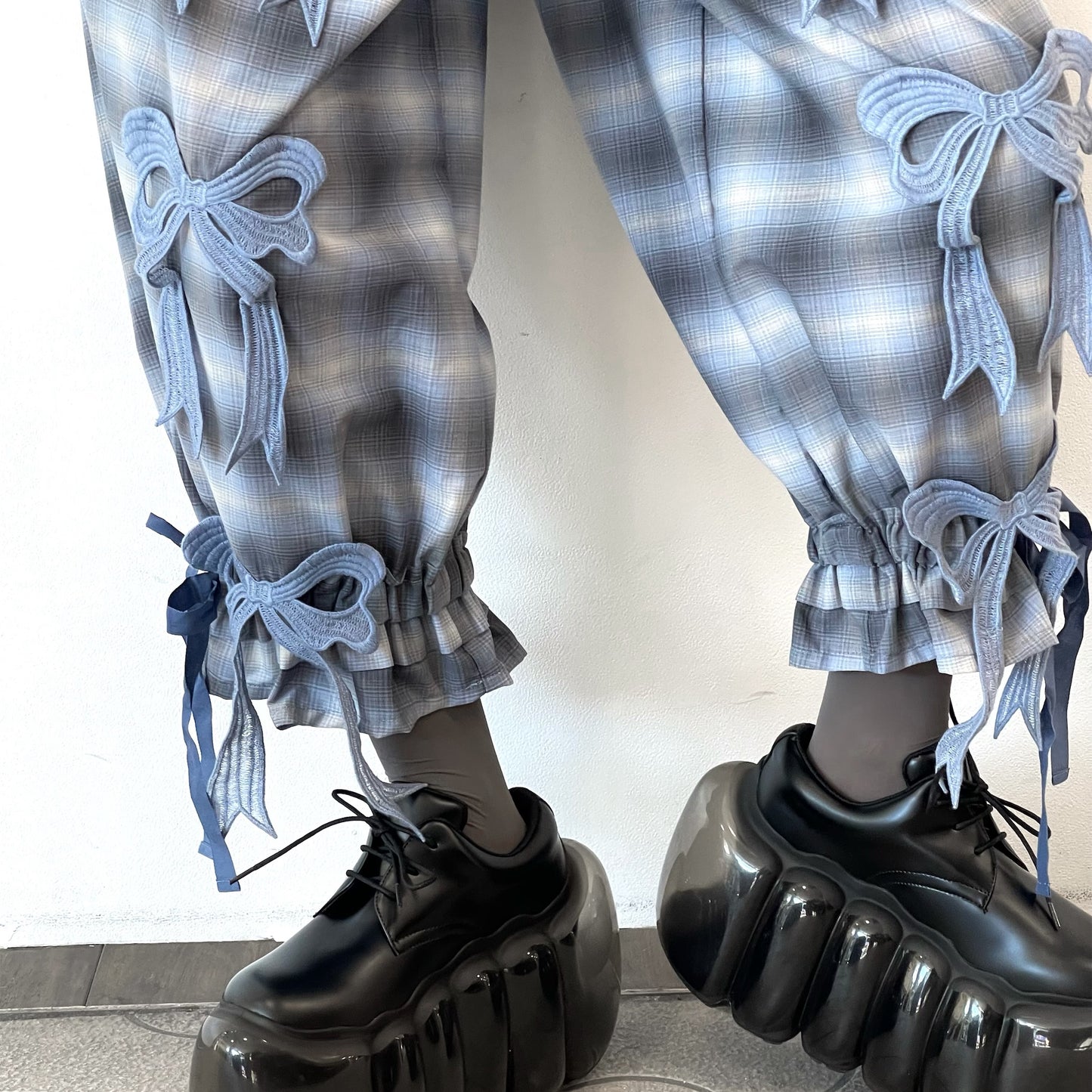 DRAWERS RIBBON CHECK PANTS / BLUE / リボンチェックパンツ