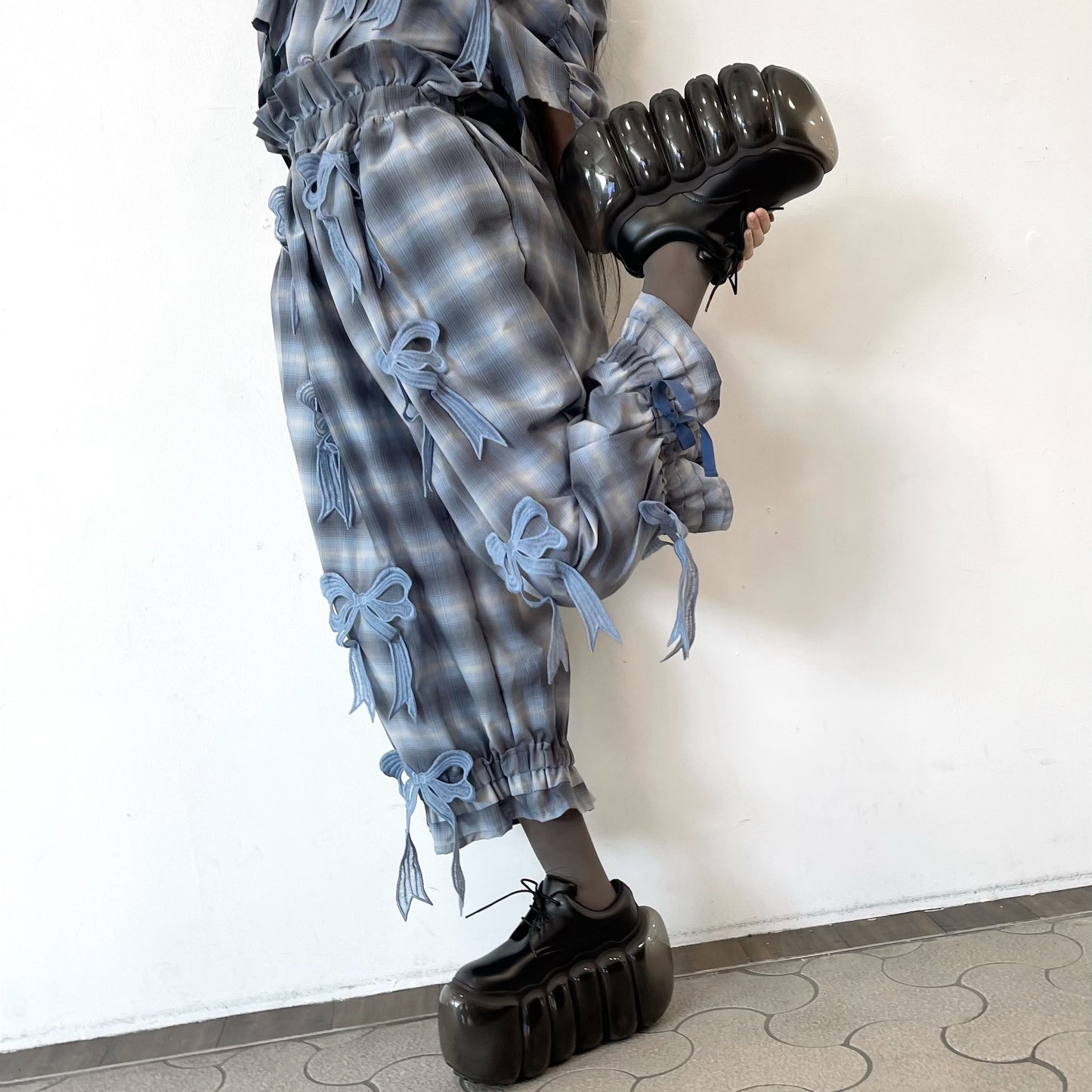 DRAWERS RIBBON CHECK PANTS / BLUE / リボンチェックパンツ