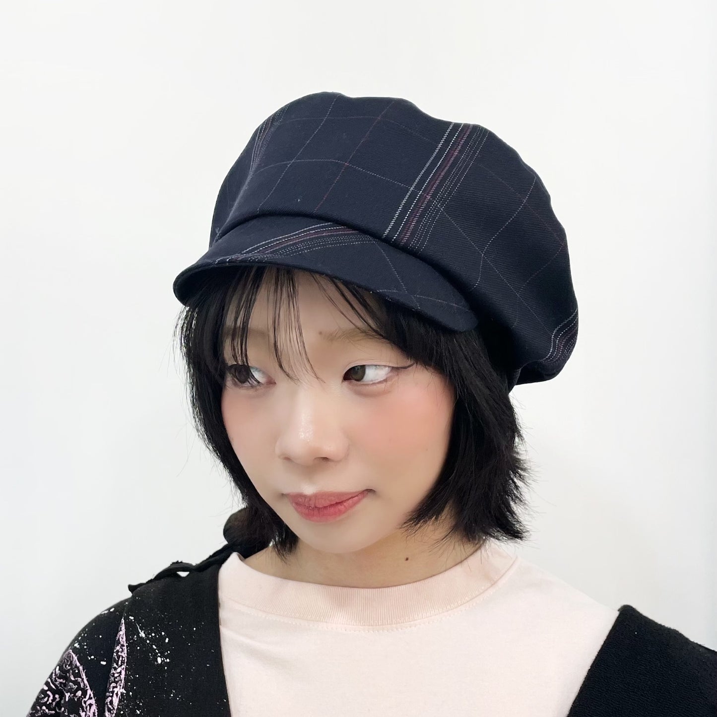 drape beret / black plaid pattern / ベレー