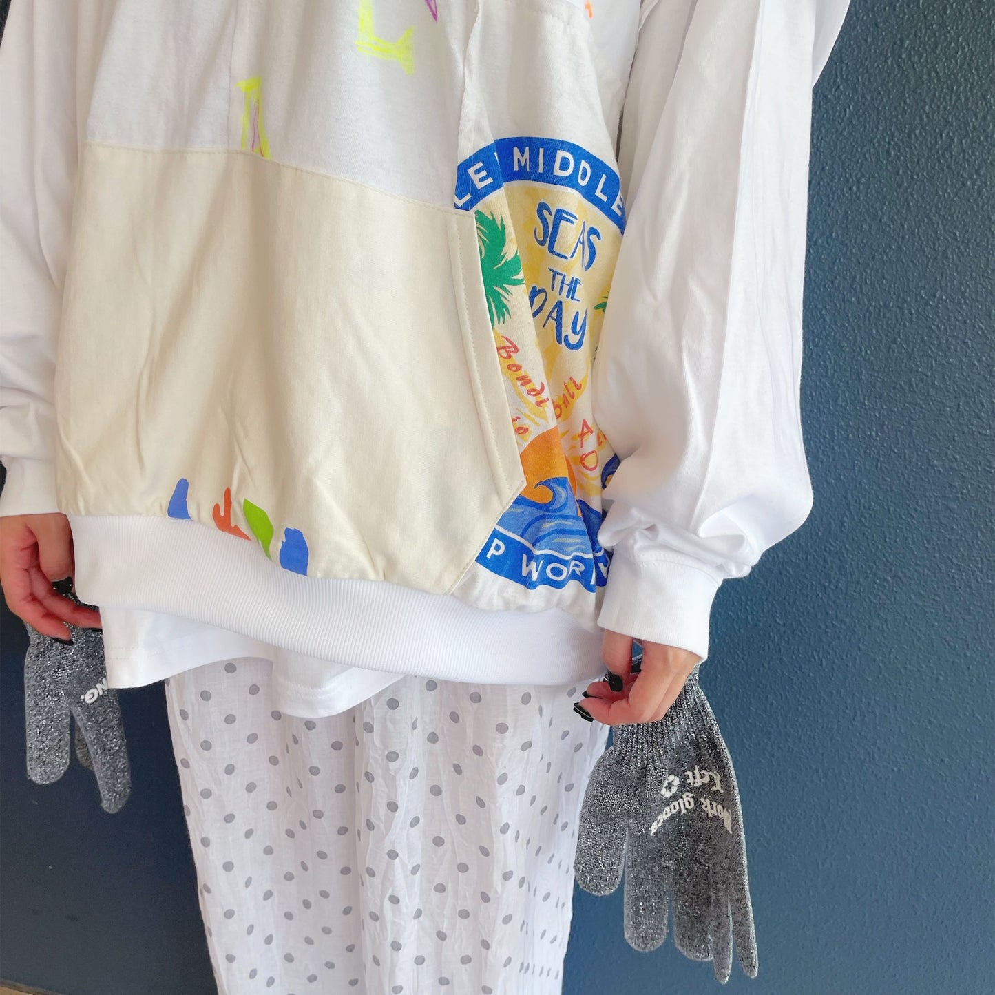 REMODEL/LAYER/VINTAGE TEE / WHITE / 手袋付きリメイクTシャツ