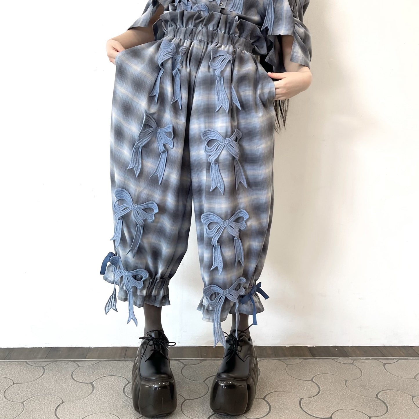 DRAWERS RIBBON CHECK PANTS / BLUE / リボンチェックパンツ