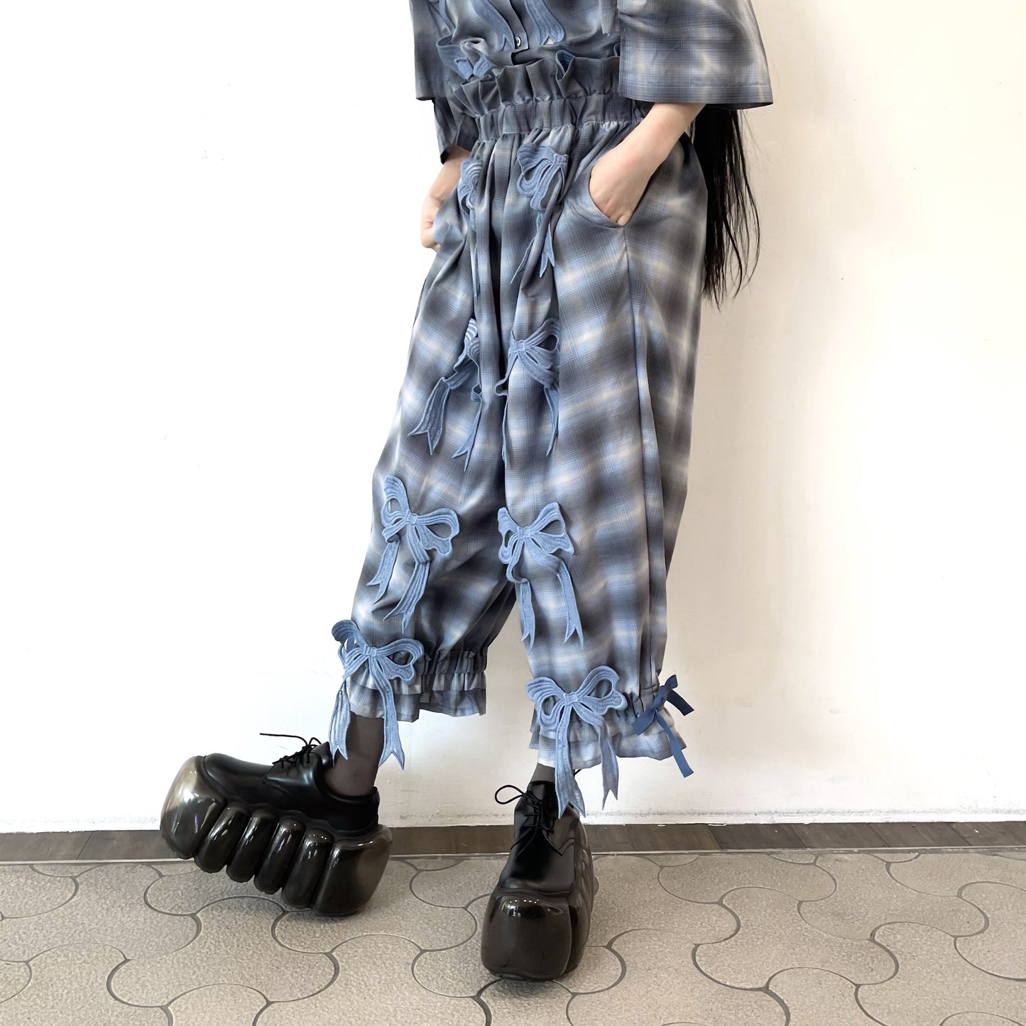 DRAWERS RIBBON CHECK PANTS / BLUE / リボンチェックパンツ