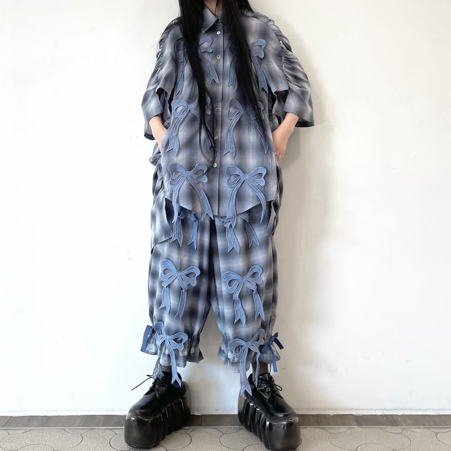 DRAWERS RIBBON CHECK PANTS / BLUE / リボンチェックパンツ