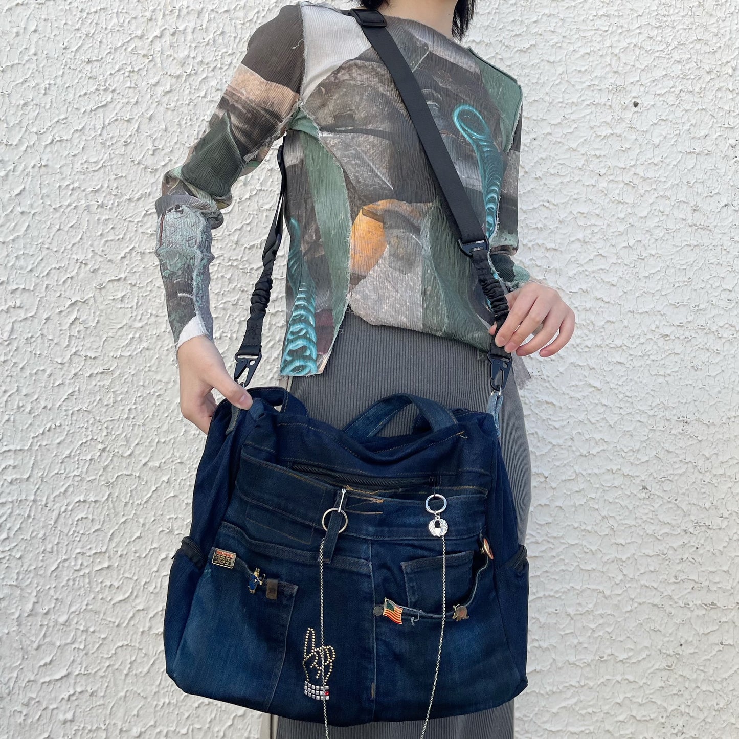 RECONSTRUCTED DENIM SHIBUYA BAG / NAVY / デニムショルダートート