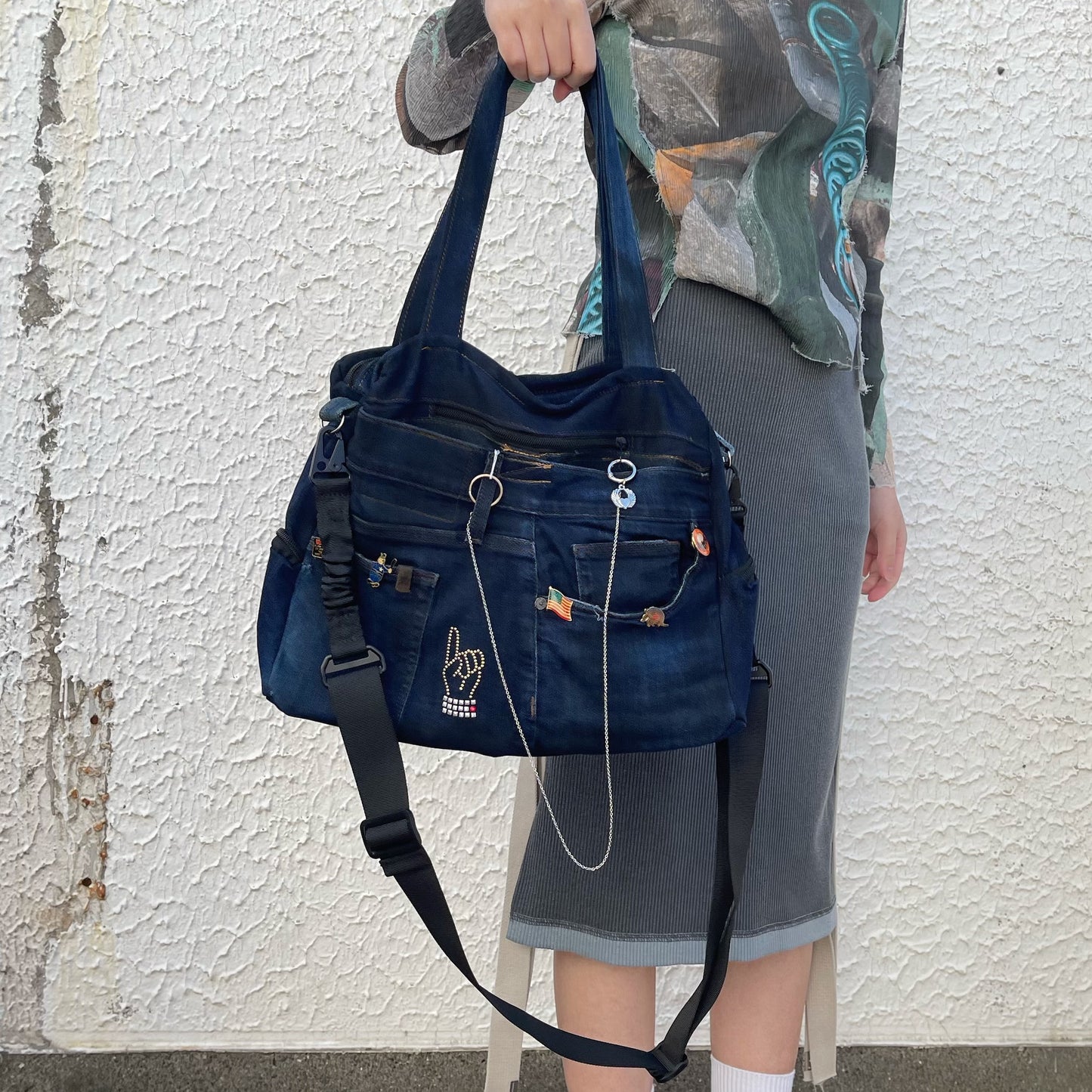 RECONSTRUCTED DENIM SHIBUYA BAG / NAVY / デニムショルダートート 