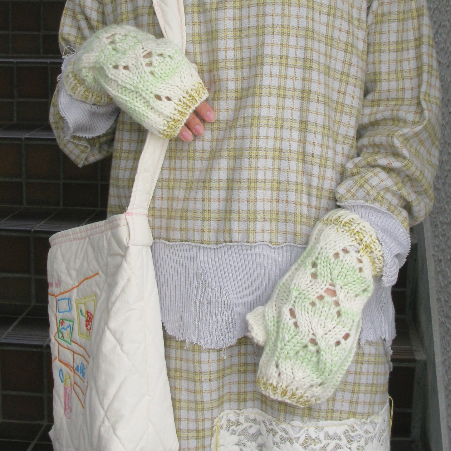 wool knit fingerless glove - short / pale green / ウールニットフィンガーレスグローブショート