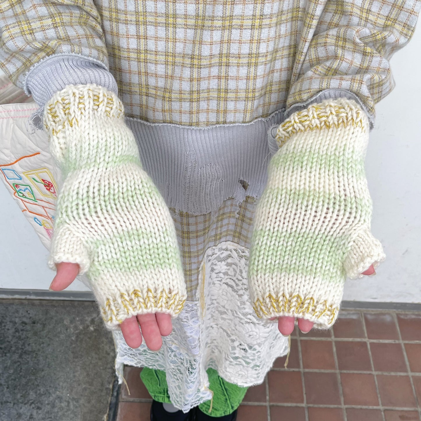 wool knit fingerless glove - short / pale green / ウールニットフィンガーレスグローブショート