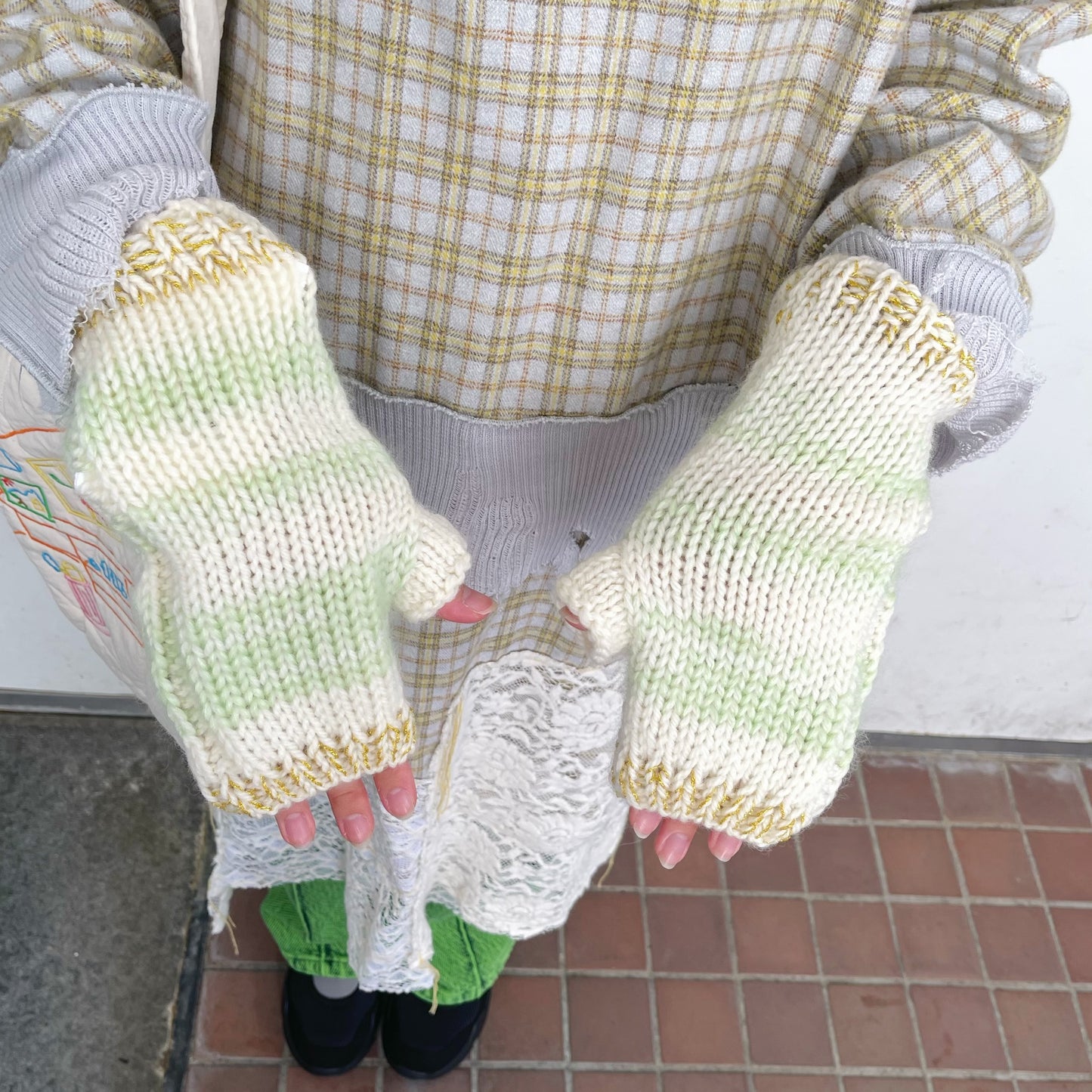 wool knit fingerless glove - short / pale green / ウールニットフィンガーレスグローブショート