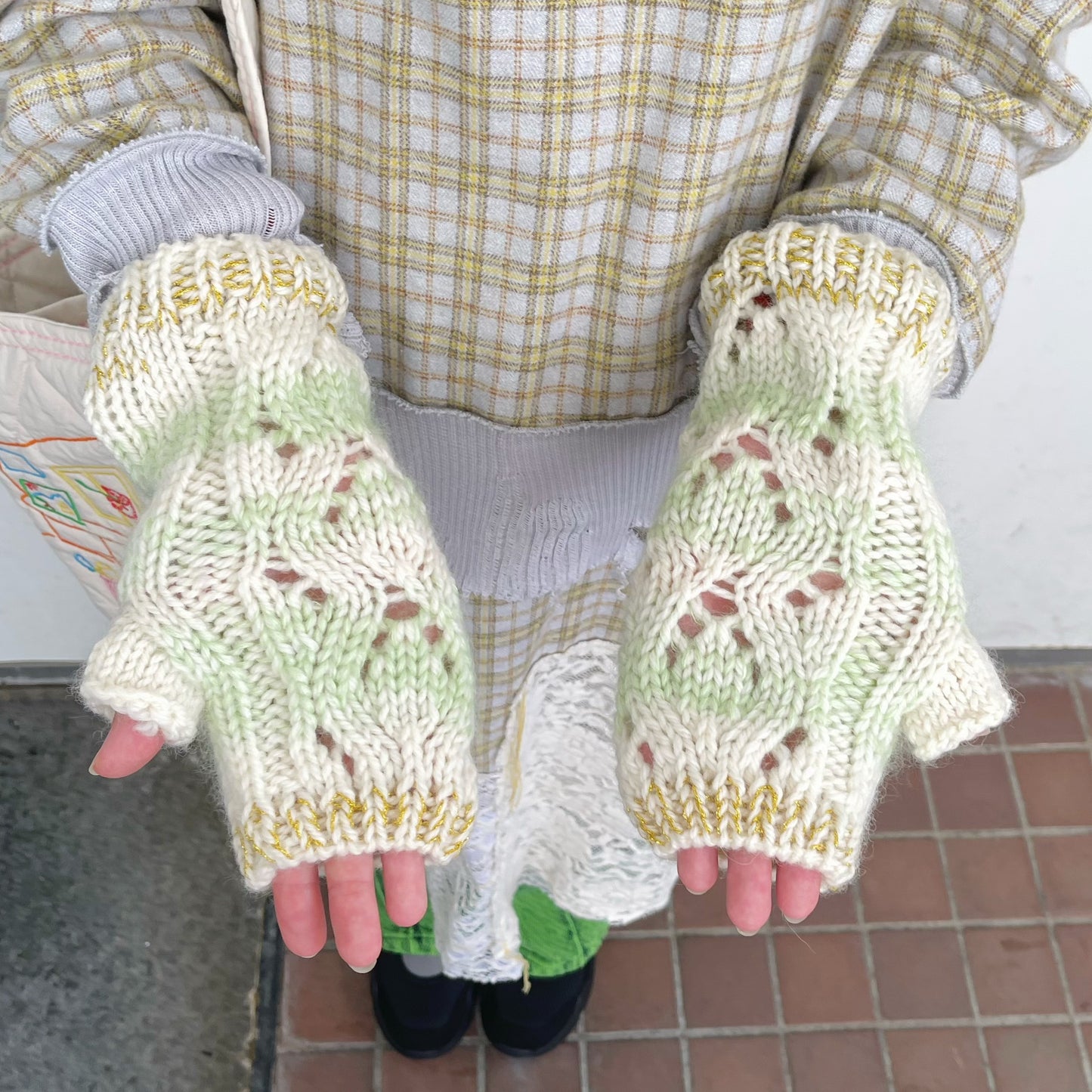 wool knit fingerless glove - short / pale green / ウールニットフィンガーレスグローブショート